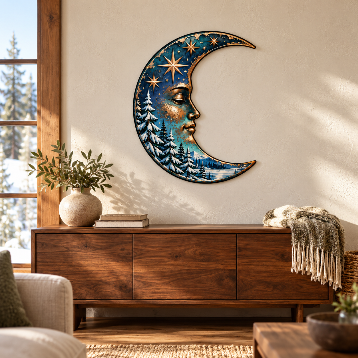 Interior styling mockup of Celestial Winter Crescent Moon Gloss metal wall art, nominal 24-inch size, above a walnut console