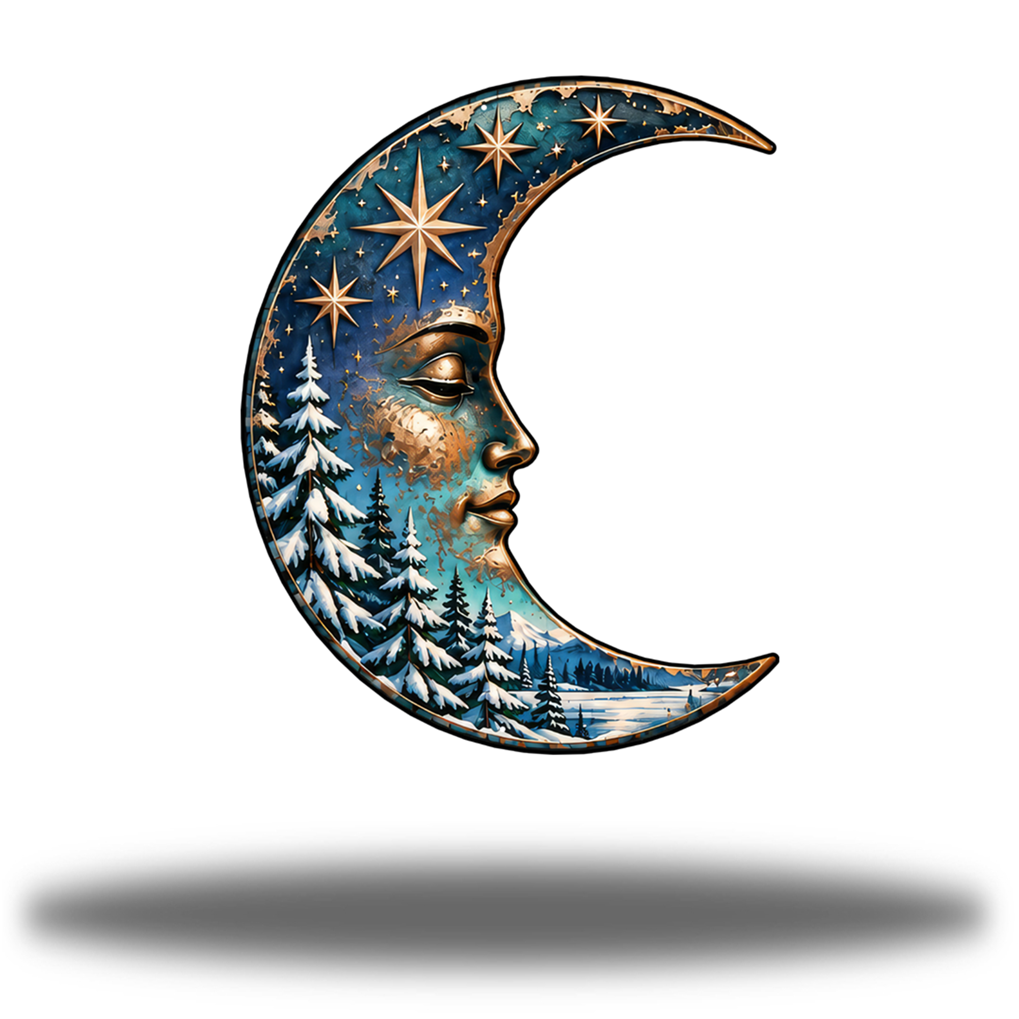 Celestial Winter Crescent Moon Gloss printed steel wall art with snowy scenery and blue-and-gold celestial details