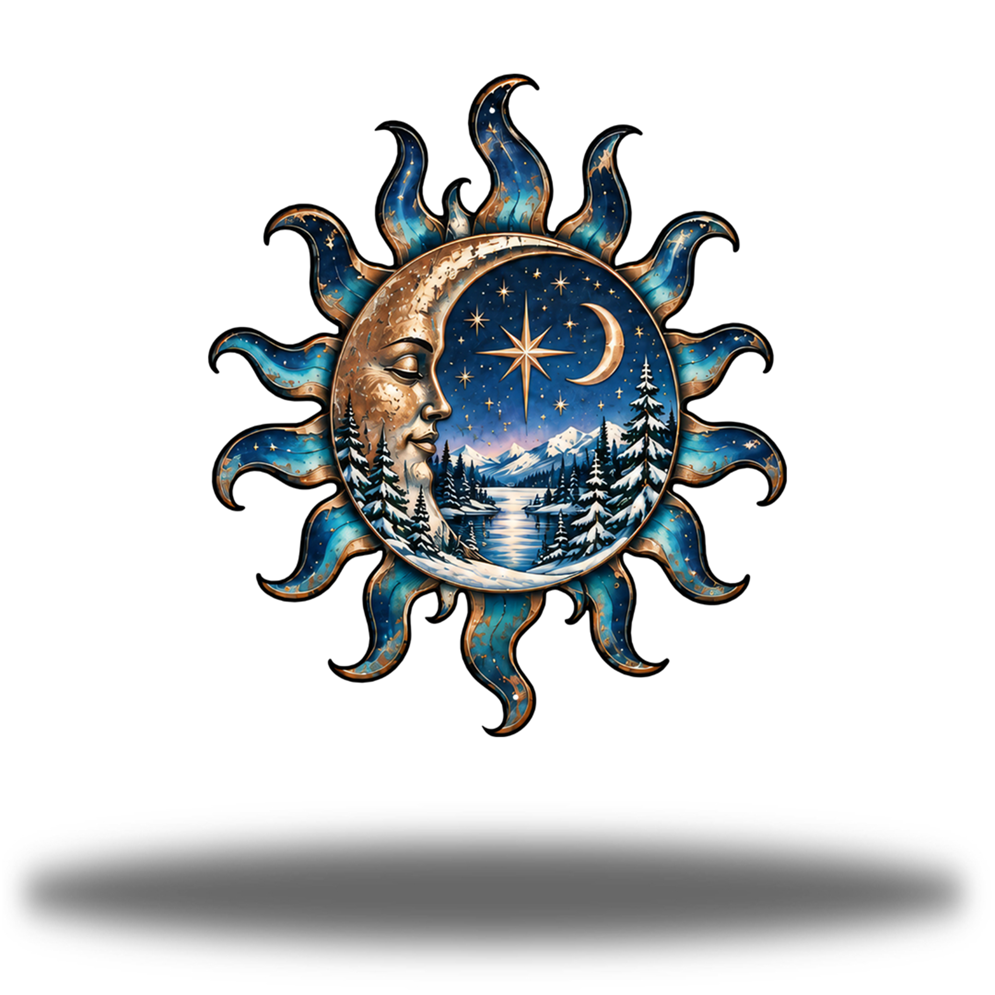 Celestial Winter Full Moon Gloss printed steel wall art with snowy scenery and blue-and-gold celestial details