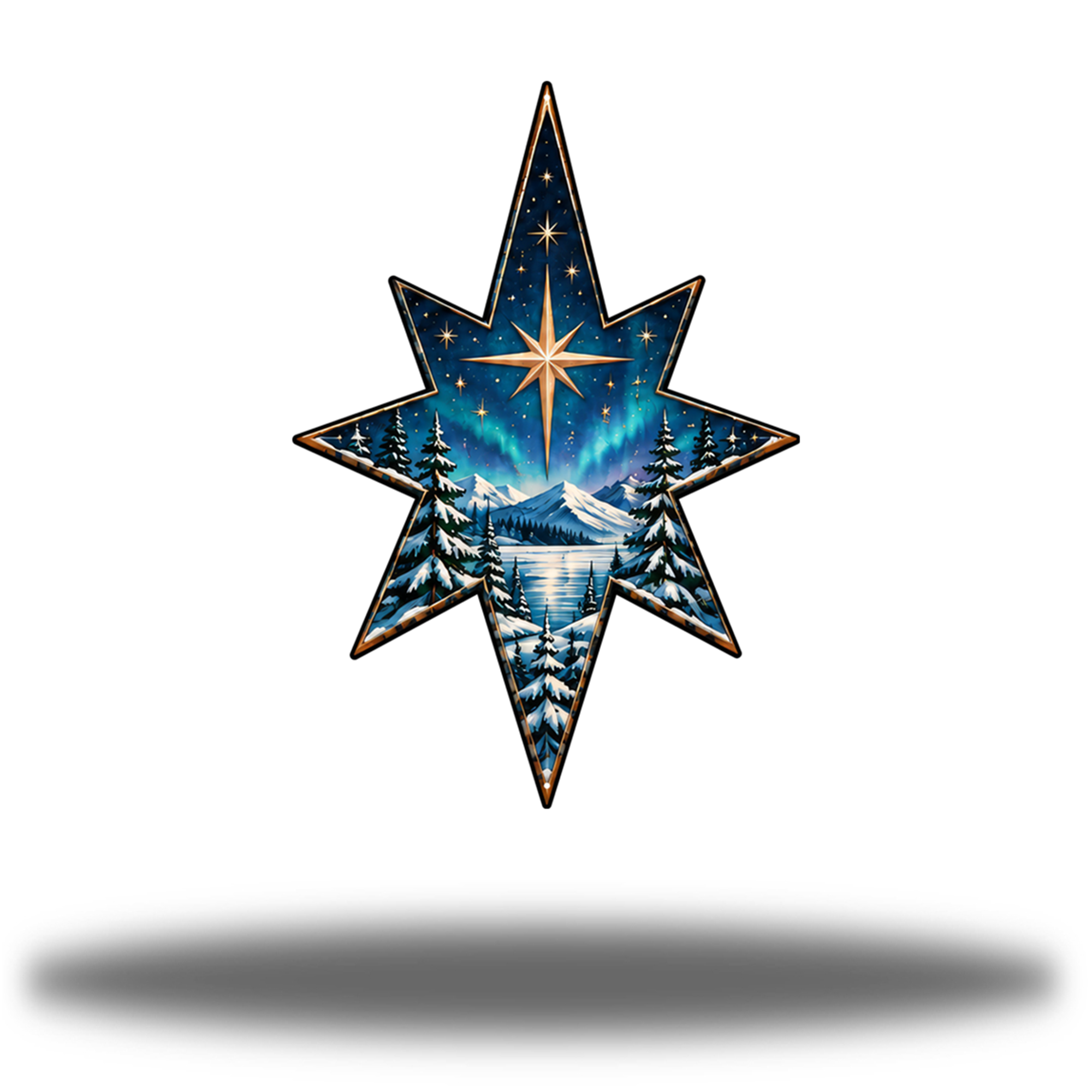 Celestial Winter Star Gloss printed steel wall art with snowy scenery and blue-and-gold celestial details