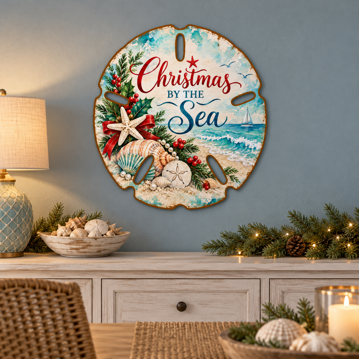 Dining room styling mockup of Christmas Sand Dollar Matte metal wall art, nominal 24-inch size, above a whitewashed sideboard with coastal Christmas decor