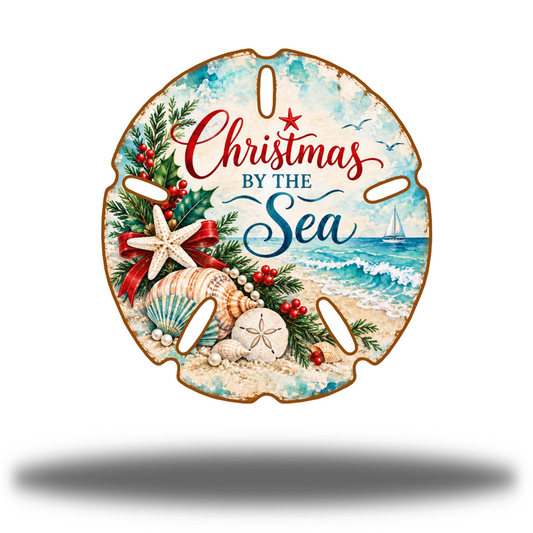 Christmas Sand Dollar Matte printed steel wall art with Christmas by the Sea lettering, seashells, turquoise waves, red ribbon and holiday greenery