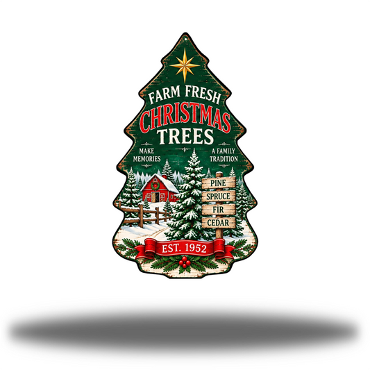 Christmas Tree Farm Green Matte printed steel tree-shaped wall art with farm-fresh Christmas tree lettering and snowy holiday artwork