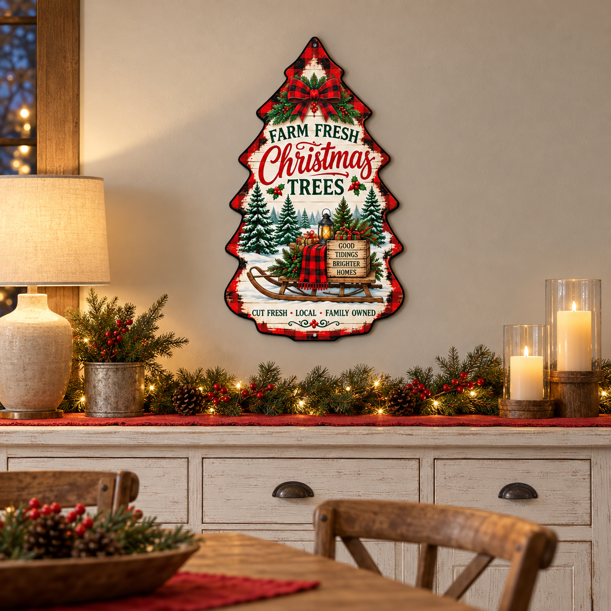 Lifestyle mockup of Christmas Tree Farm Red Matte 24-inch printed steel wall art displayed in a rustic dining room