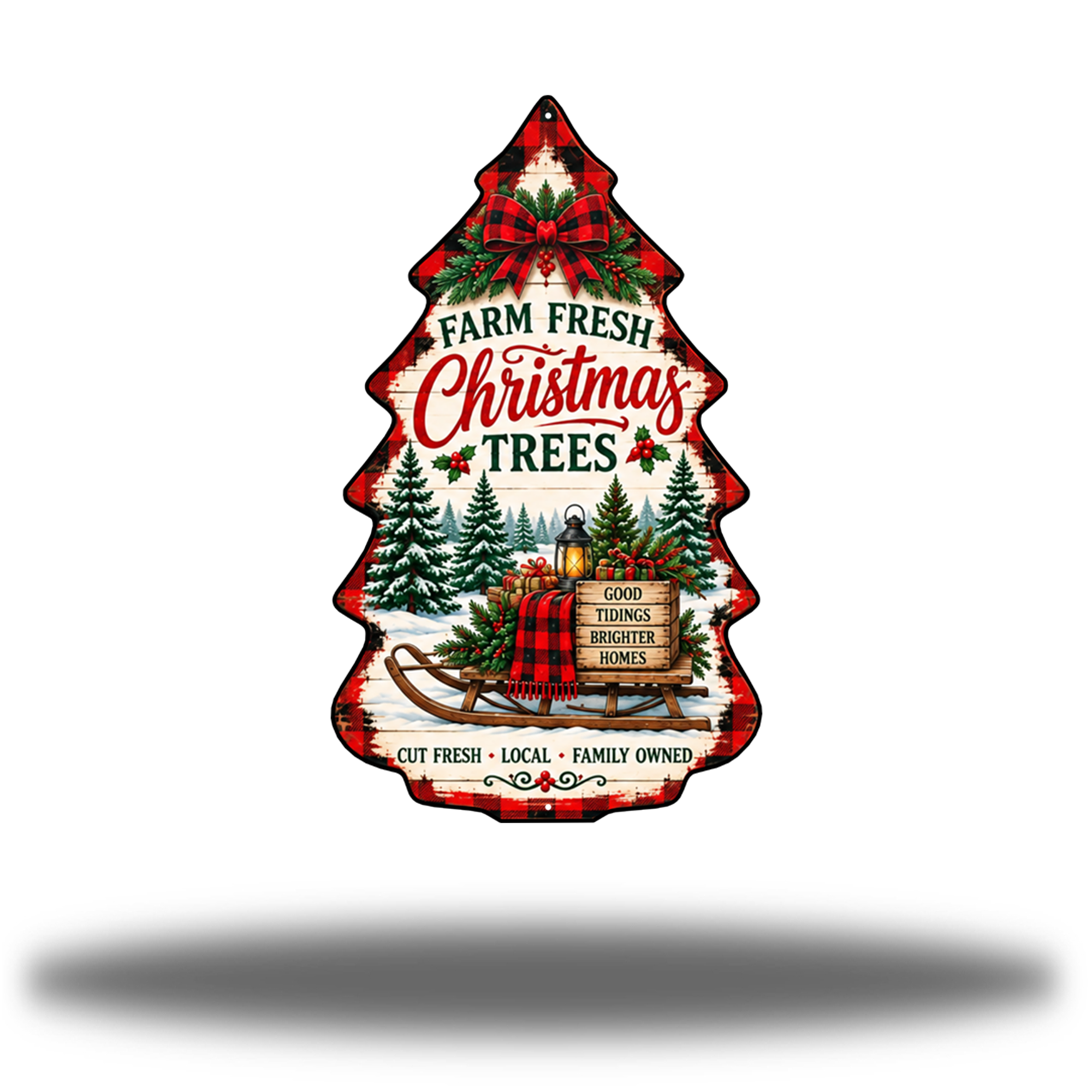 Christmas Tree Farm Red Matte printed steel tree-shaped wall art with farm-fresh Christmas tree lettering and snowy holiday artwork