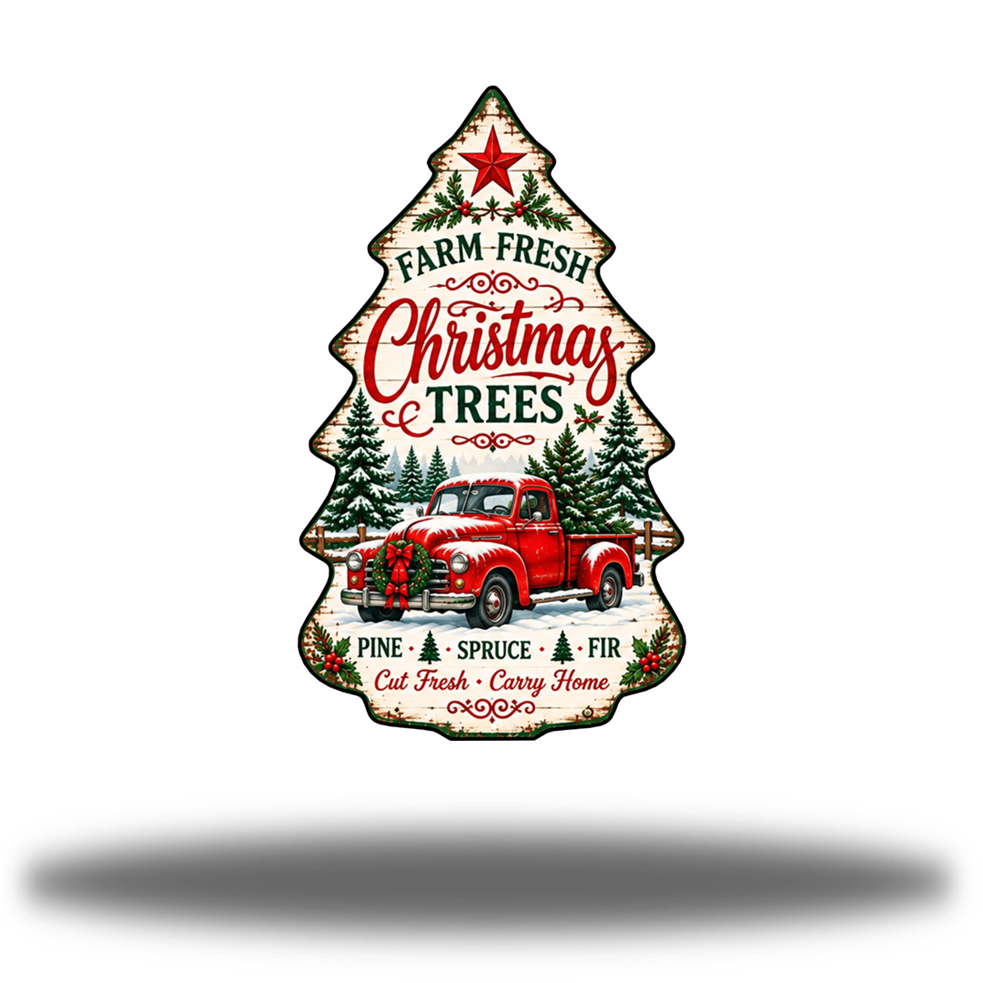 Christmas Tree Farm White Matte printed steel tree-shaped wall art with farm-fresh Christmas tree lettering and snowy holiday artwork
