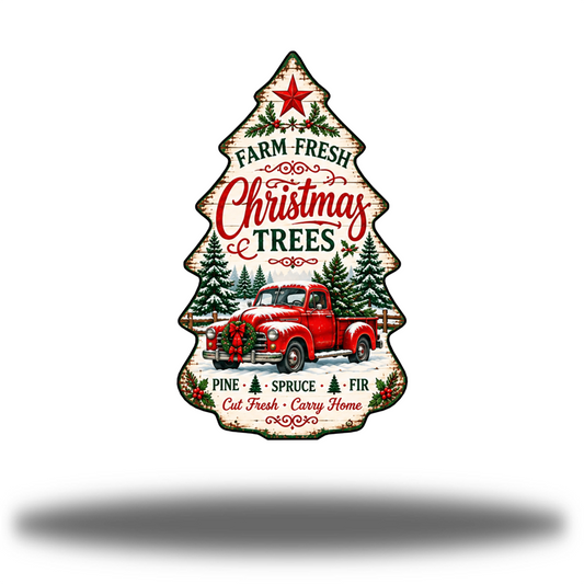 Christmas Tree Farm White Matte printed steel tree-shaped wall art with farm-fresh Christmas tree lettering and snowy holiday artwork