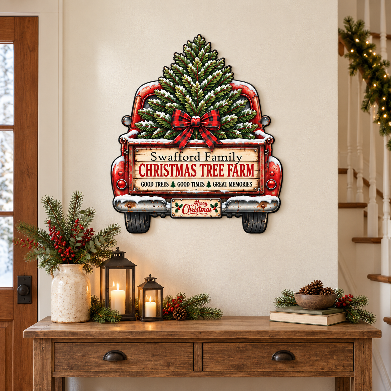 Lifestyle mockup of Christmas Truck Monogram 24-inch Matte printed steel wall art with an example Swafford Family name displayed above a farmhouse entryway console