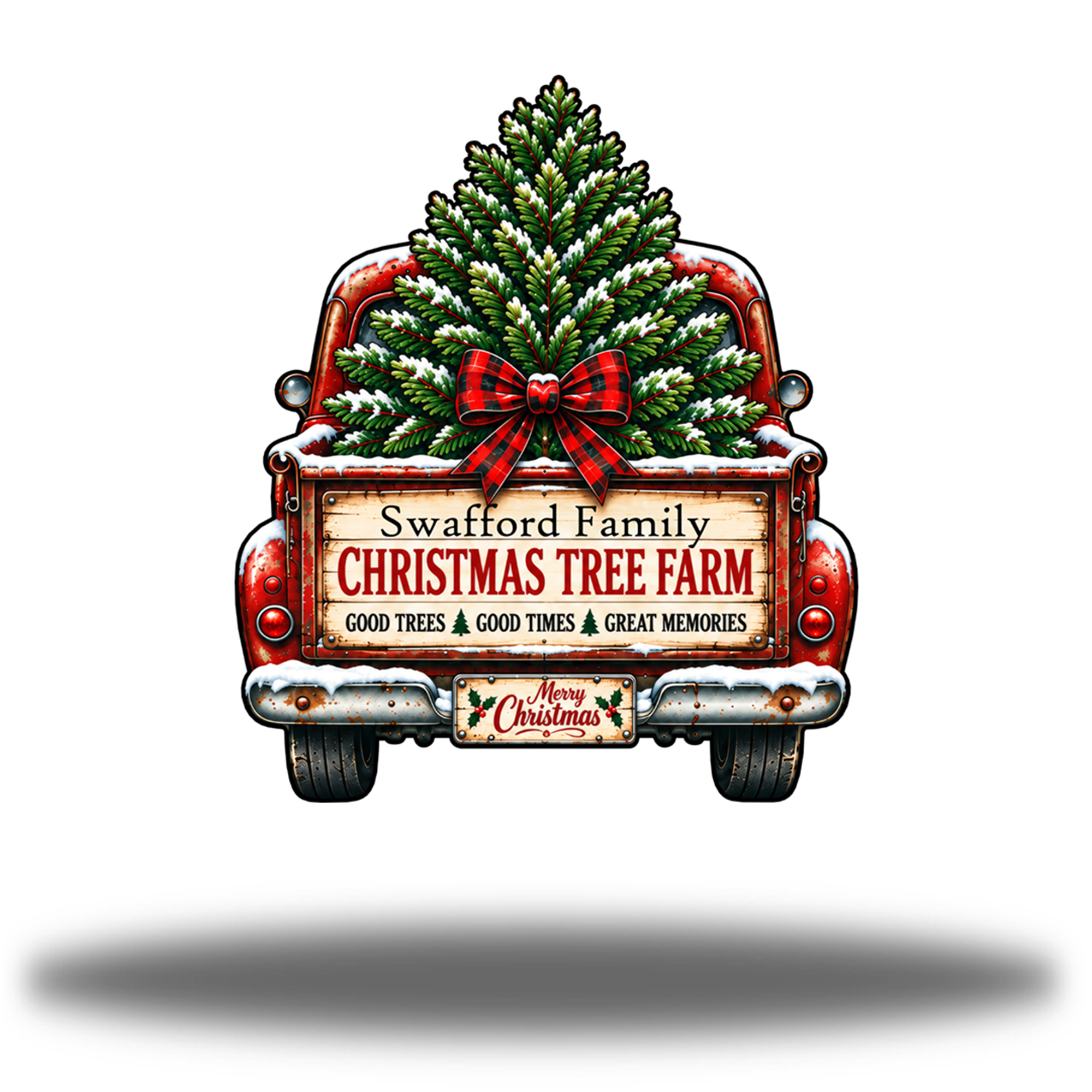 Christmas Truck Monogram Matte printed steel wall art with a snowy red pickup, evergreen tree, plaid bow and example Swafford Family name