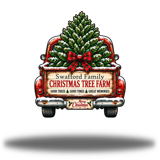 Christmas Truck Monogram Matte printed steel wall art with a snowy red pickup, evergreen tree, plaid bow and example Swafford Family name