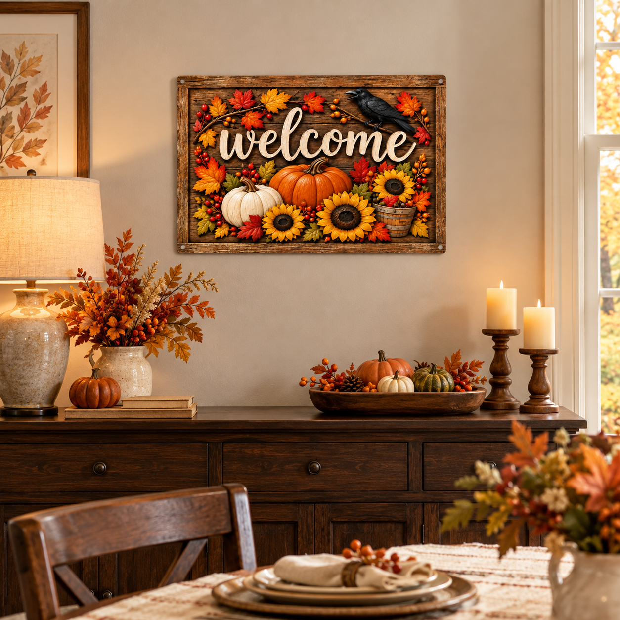 Lifestyle mockup of Fall Welcome 24-inch Matte printed steel wall art with pumpkins, sunflowers and a black crow displayed above a dining room sideboard
