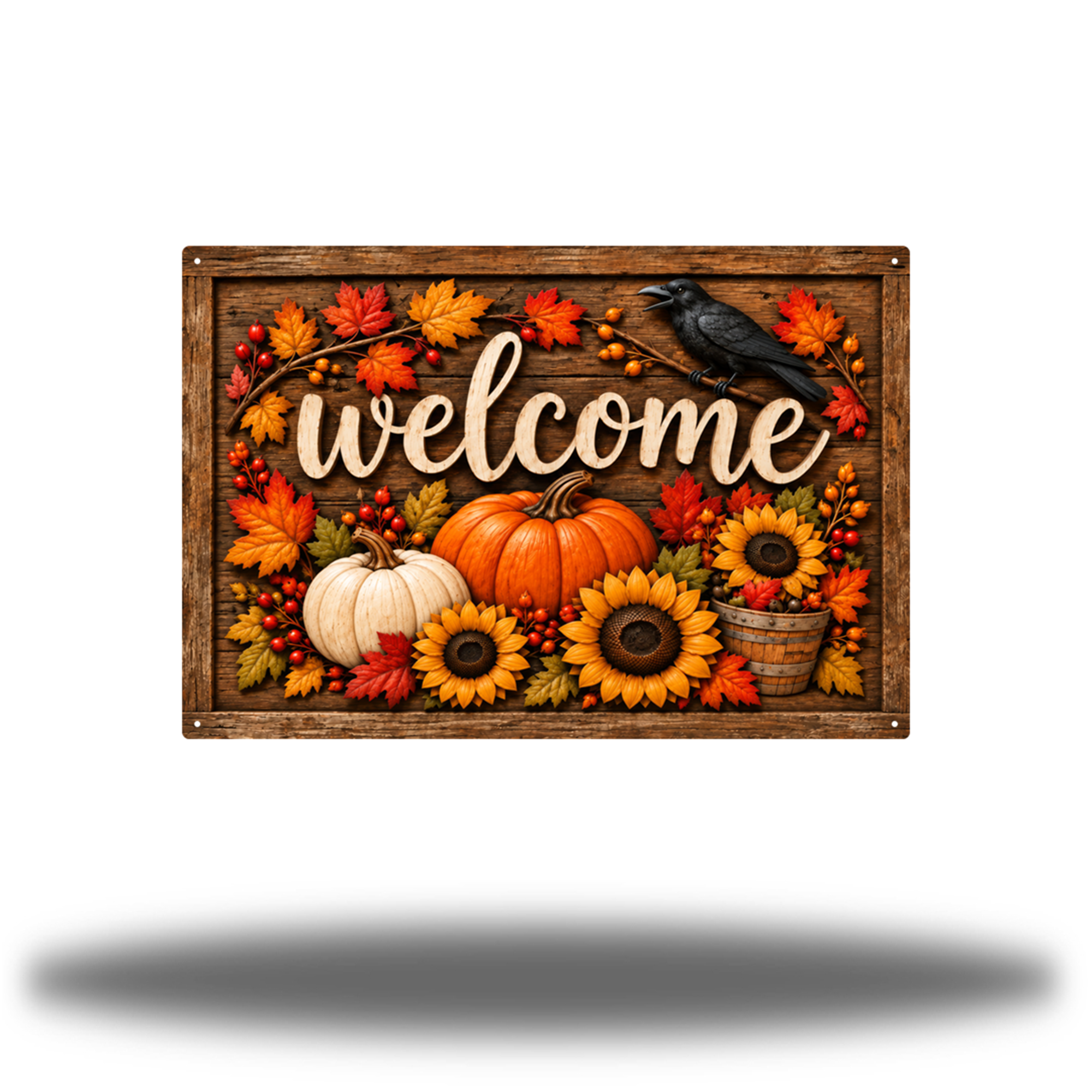 Fall Welcome Matte printed steel wall art with cream welcome script, pumpkins, sunflowers, autumn leaves and a black crow on printed rustic woodgrain