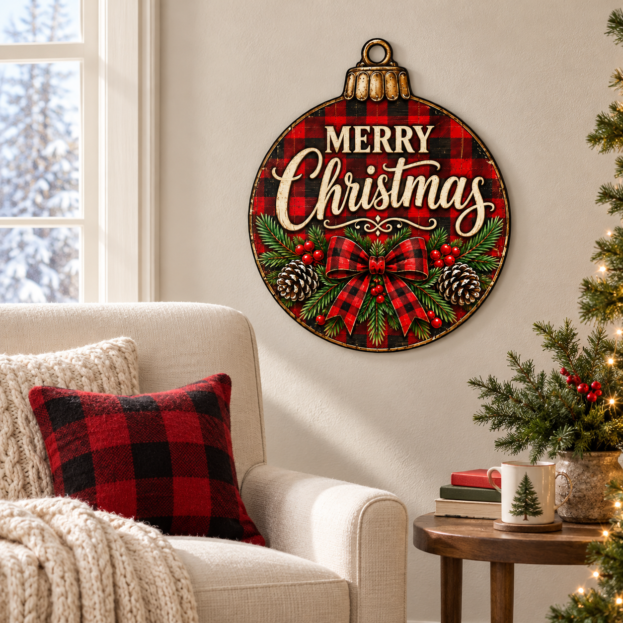 Hearthside Christmas Ornament Option 1 Matte metal wall art, nominal 24-inch size, in a Christmas living room lifestyle mockup