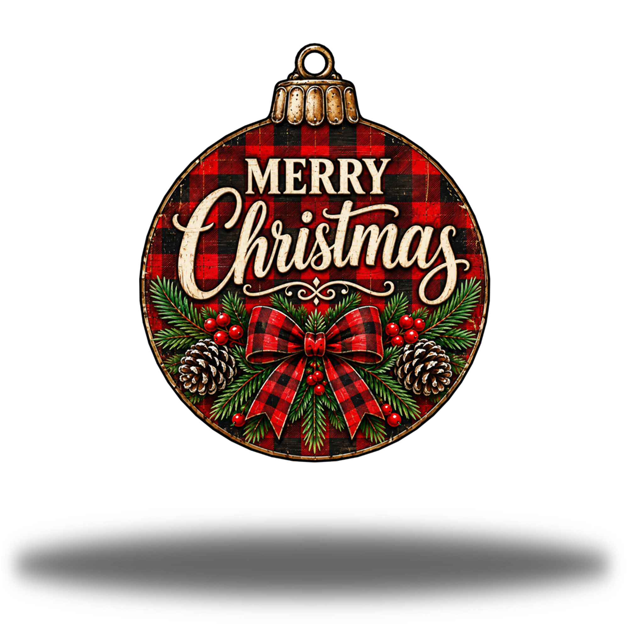 Hearthside Christmas Ornament Matte printed steel wall art with red-and-black buffalo check, cream Merry Christmas lettering, evergreen branches and a bow
