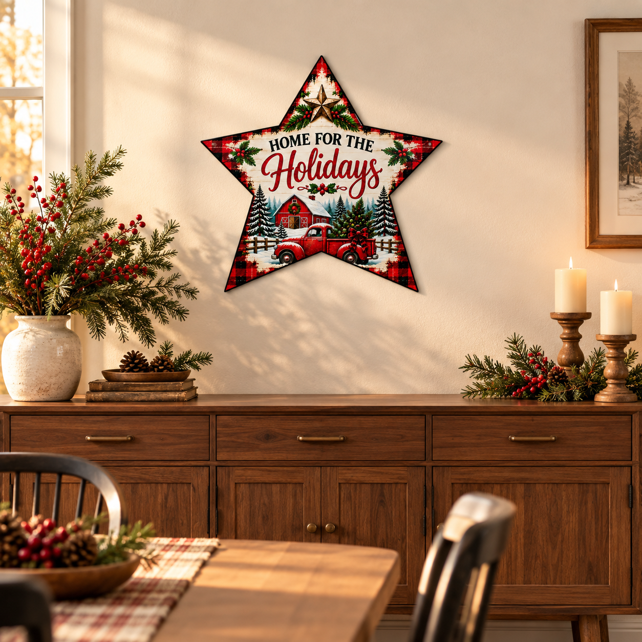 Home for the Holidays Star Option 1 Matte metal wall art, nominal 18-inch size, in a Christmas dining room lifestyle mockup