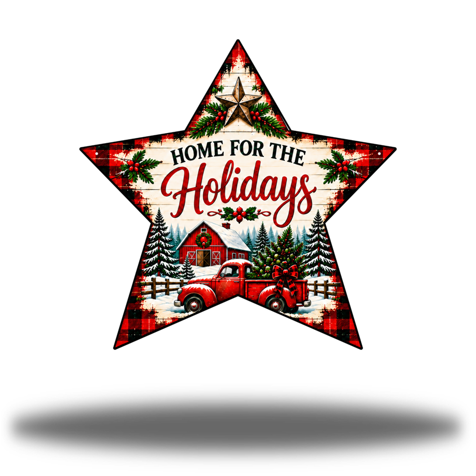 Home for the Holidays Star Matte printed steel wall art with red plaid border, snowy red barn, vintage red pickup and Home for the Holidays lettering