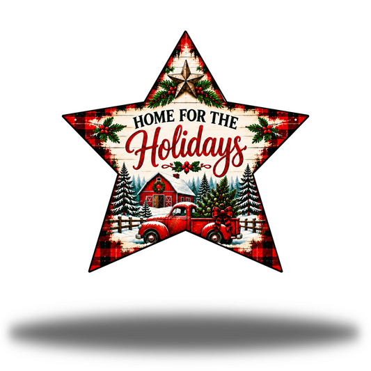 Home for the Holidays Star Matte printed steel wall art with red plaid border, snowy red barn, vintage red pickup and Home for the Holidays lettering