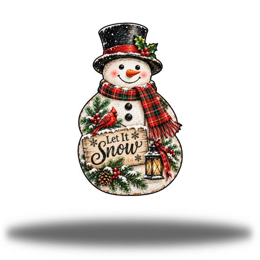 Let it Snowman Gloss printed steel wall art with a smiling snowman, black top hat, plaid scarf, red cardinal and Let It Snow sign