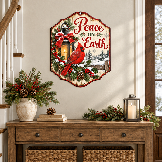 Peace on Earth Option 1 Matte metal wall art, nominal 24-inch size, in a Christmas entryway lifestyle mockup