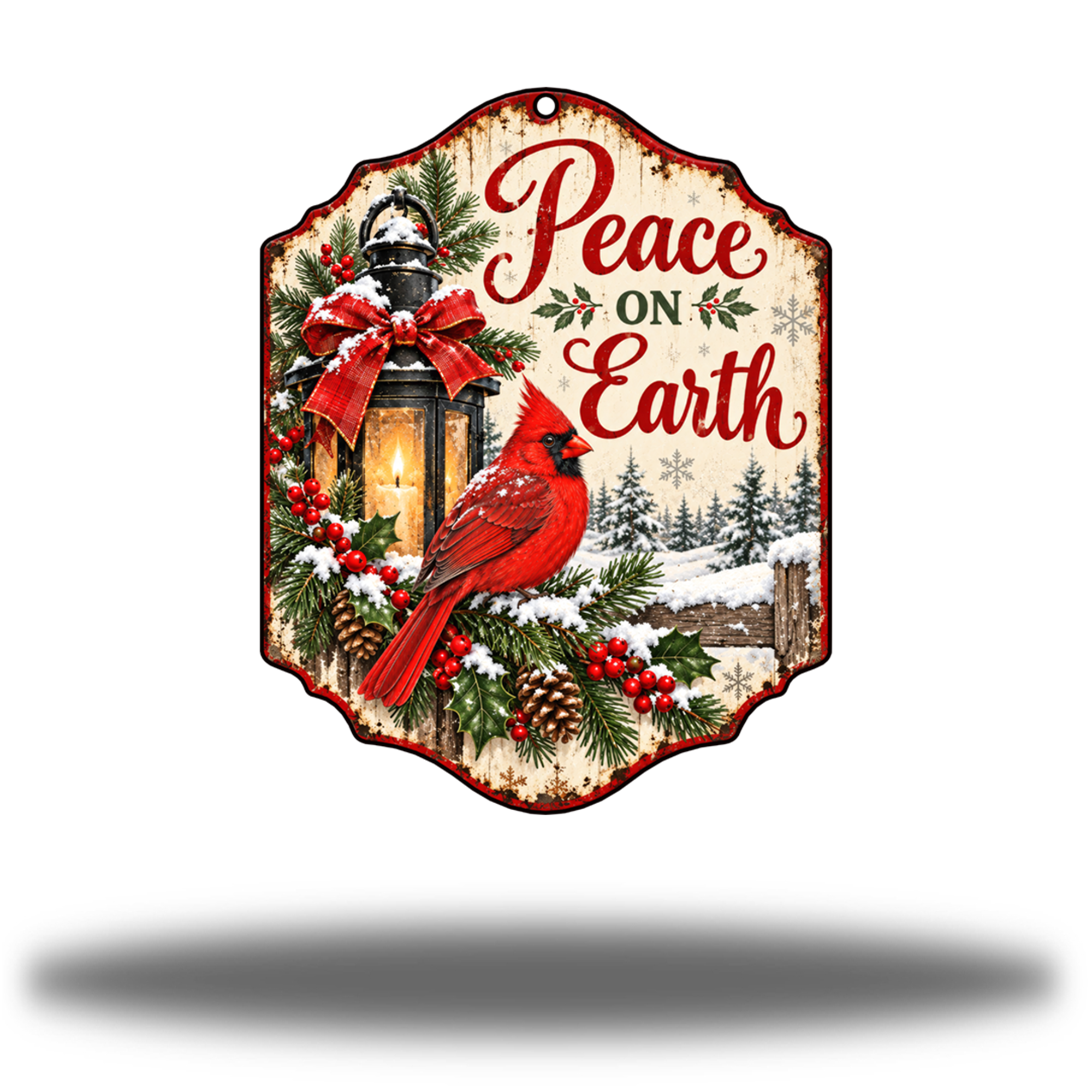 Peace on Earth Matte printed steel wall art with red cardinal, snow-covered lantern, winter greenery and red Peace on Earth lettering