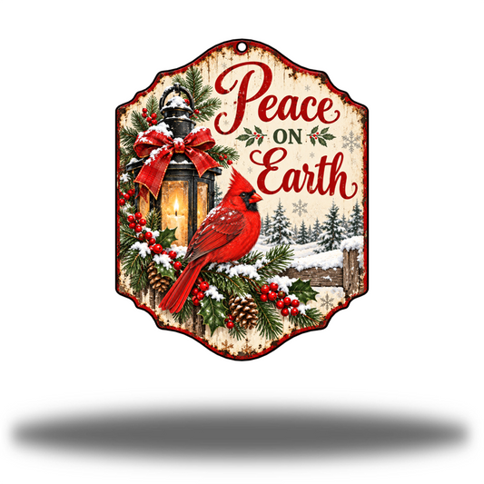 Peace on Earth Matte printed steel wall art with red cardinal, snow-covered lantern, winter greenery and red Peace on Earth lettering