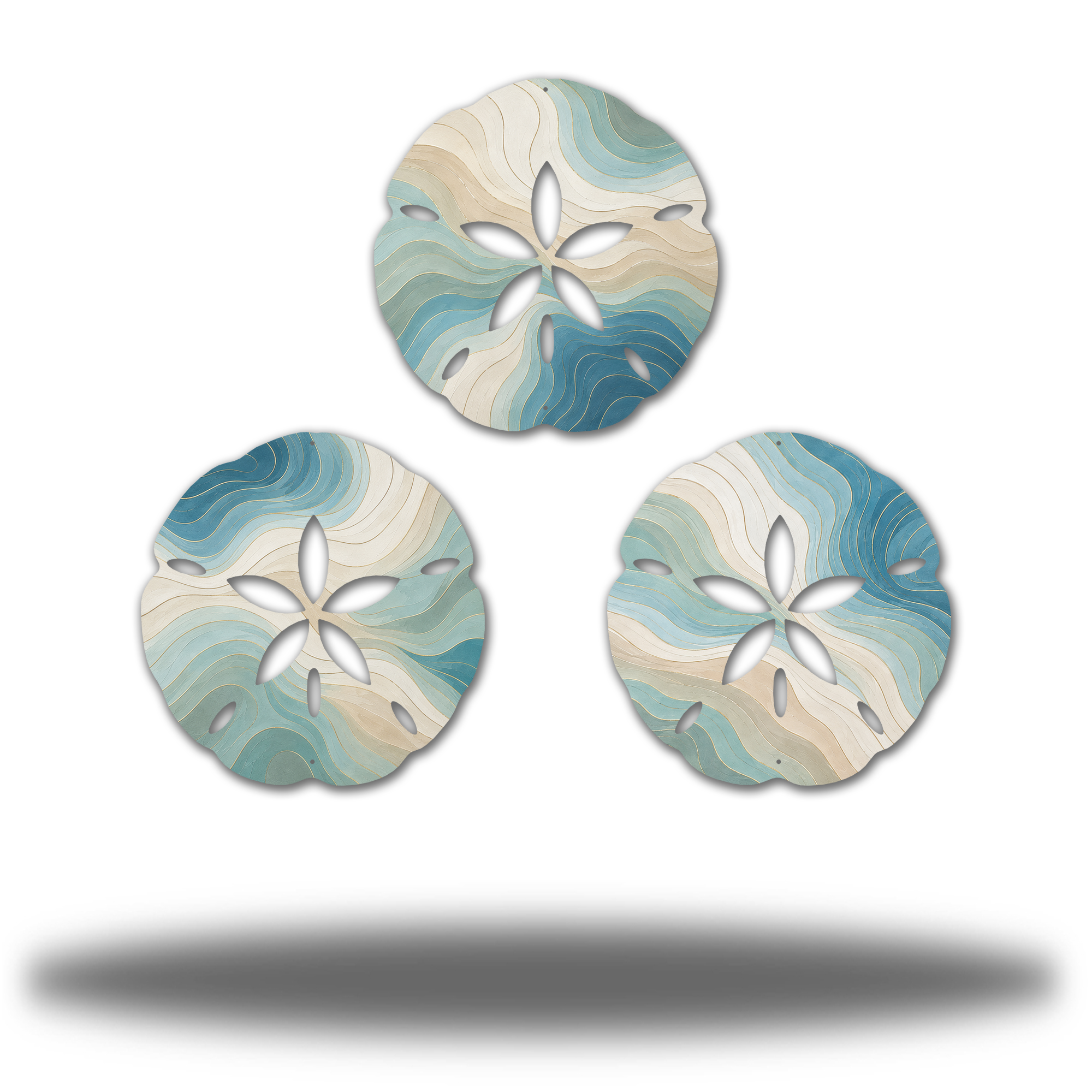 Sand Dollar Bundle Neutral Waves Matte finish, complete three-piece printed steel coastal wall art set. Three distinct flowing cream, sand, pale aqua and blue contour patterns with fine gold-toned printed lines.