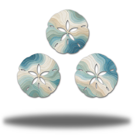 Sand Dollar Bundle Neutral Waves Matte finish, complete three-piece printed steel coastal wall art set. Three distinct flowing cream, sand, pale aqua and blue contour patterns with fine gold-toned printed lines.