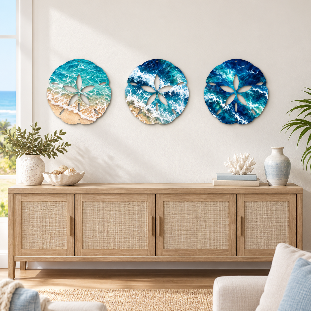 Generated living room styling mockup of Sand Dollar Bundle, Ocean Tides (Gloss): three separate nominal 12-inch printed steel sand dollars, each 11.75 by 11.75 inches, arranged in a horizontal row above a console.