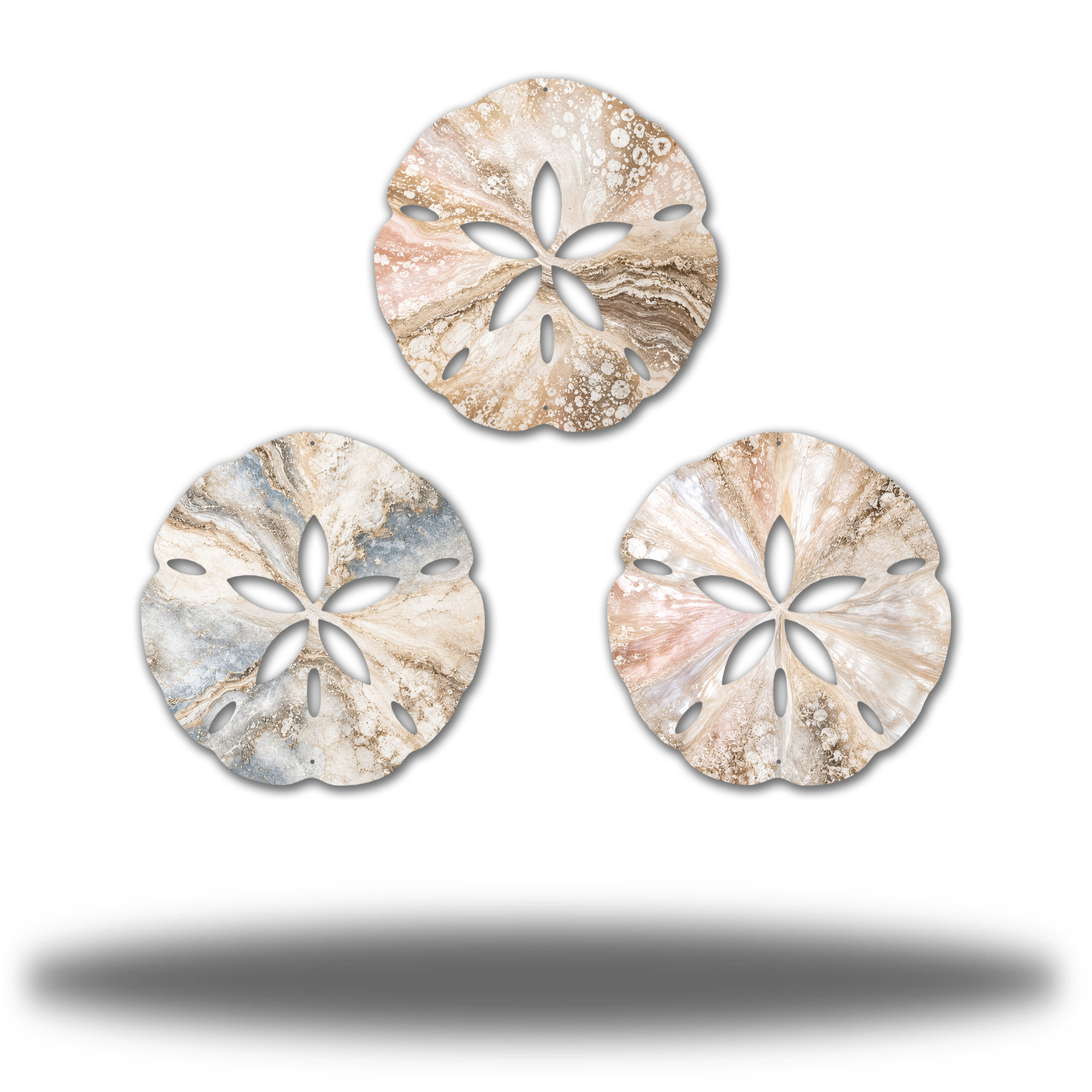 Sand Dollar Bundle Oyster and Limestone Matte finish, complete three-piece printed steel coastal wall art set. Three distinct cream, blush, tan and gray stone/marble-look printed swirls with white splashes.