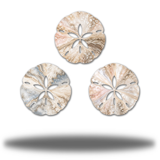 Sand Dollar Bundle Oyster and Limestone Matte finish, complete three-piece printed steel coastal wall art set. Three distinct cream, blush, tan and gray stone/marble-look printed swirls with white splashes.