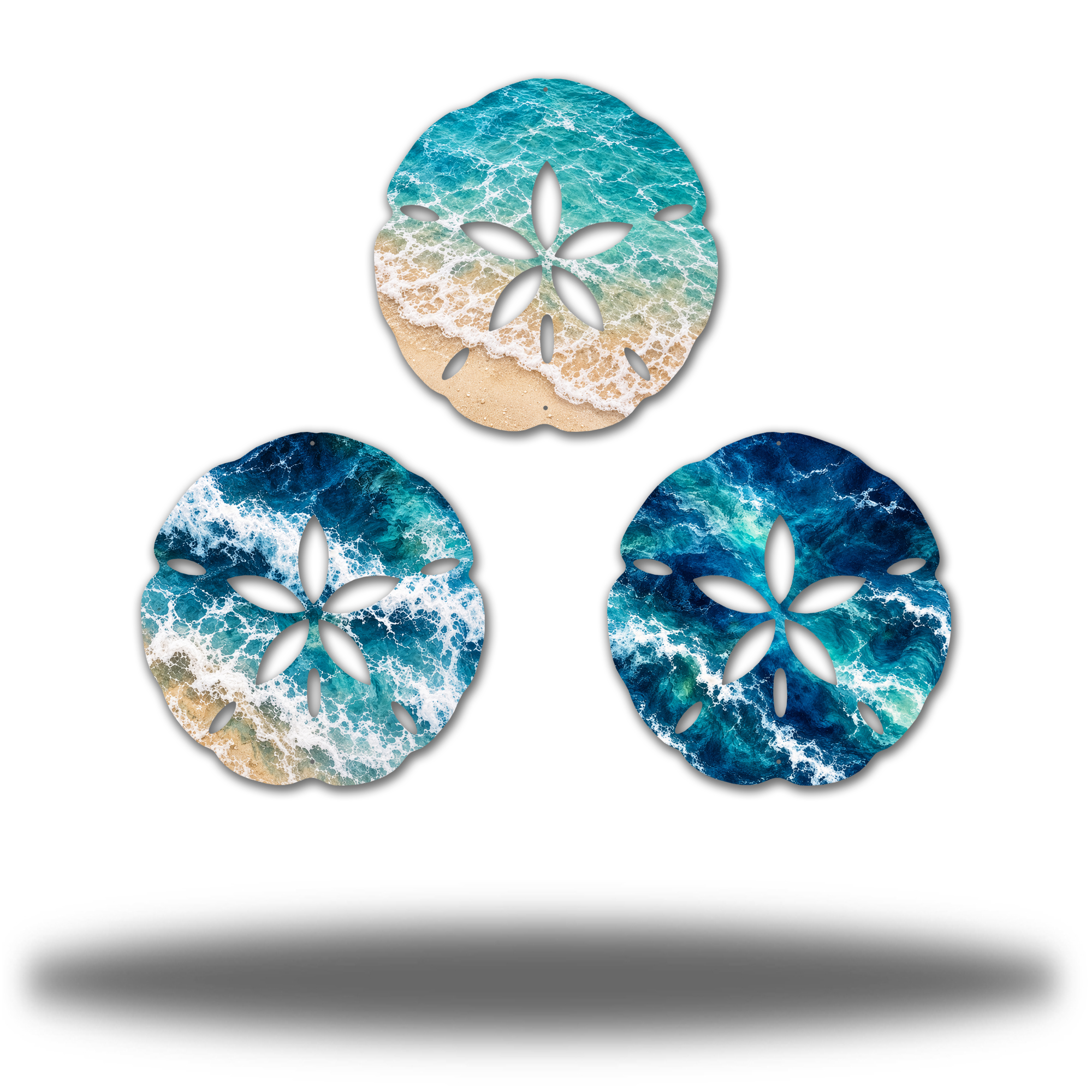 Sand Dollar Bundle Ocean Tides Gloss finish, complete three-piece printed steel coastal wall art set. Three distinct ocean scenes: one light turquoise shore with sand; one navy-to-turquoise breaking wave with sand; one deep blue/turquoise wave.