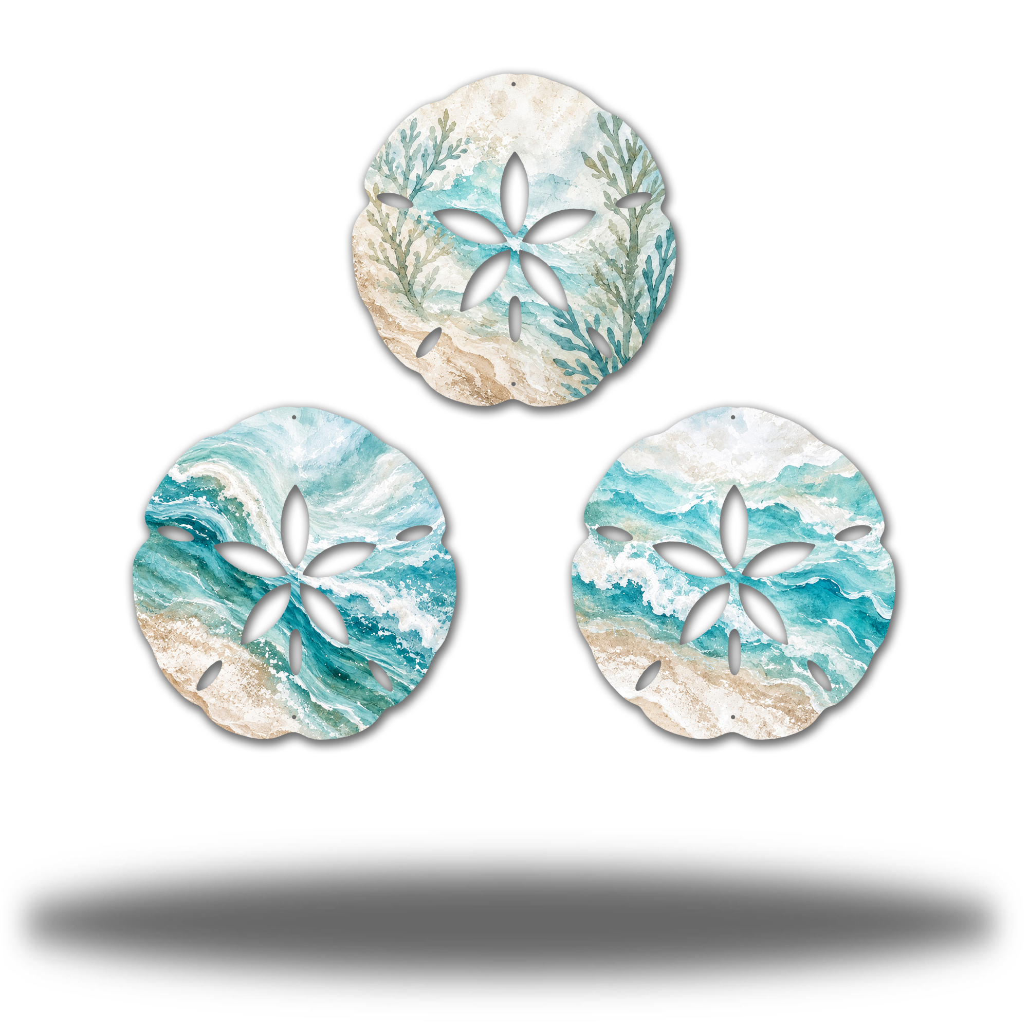 Sand Dollar Bundle Ocean Waves Matte finish, complete three-piece printed steel coastal wall art set. Three watercolor-like wave/beach scenes in pale aqua and sand, with coastal botanical branches on the first piece.