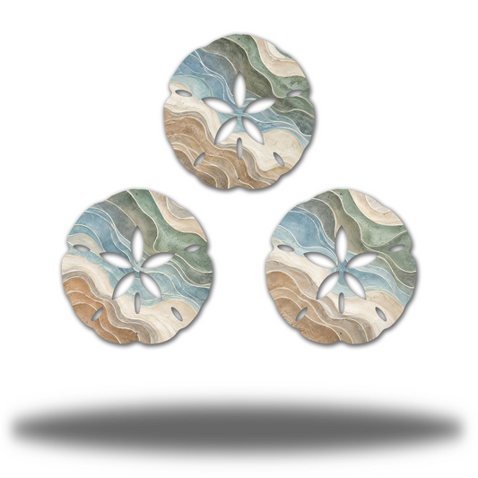 Sand Dollar Bundle Rock Waves Matte finish, complete three-piece printed steel coastal wall art set. Three distinct flowing slate blue, muted green, cream and tan layered rock-look wave patterns.