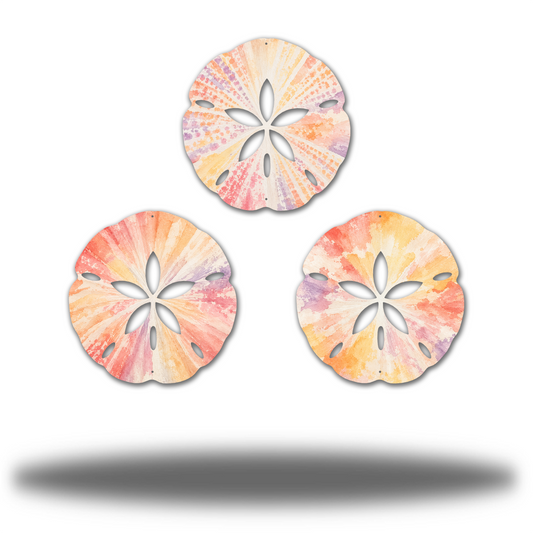 Sand Dollar Bundle Sunset Shells Matte finish, complete three-piece printed steel coastal wall art set. Three distinct radial watercolor bands in coral, peach, pink, yellow and lavender.