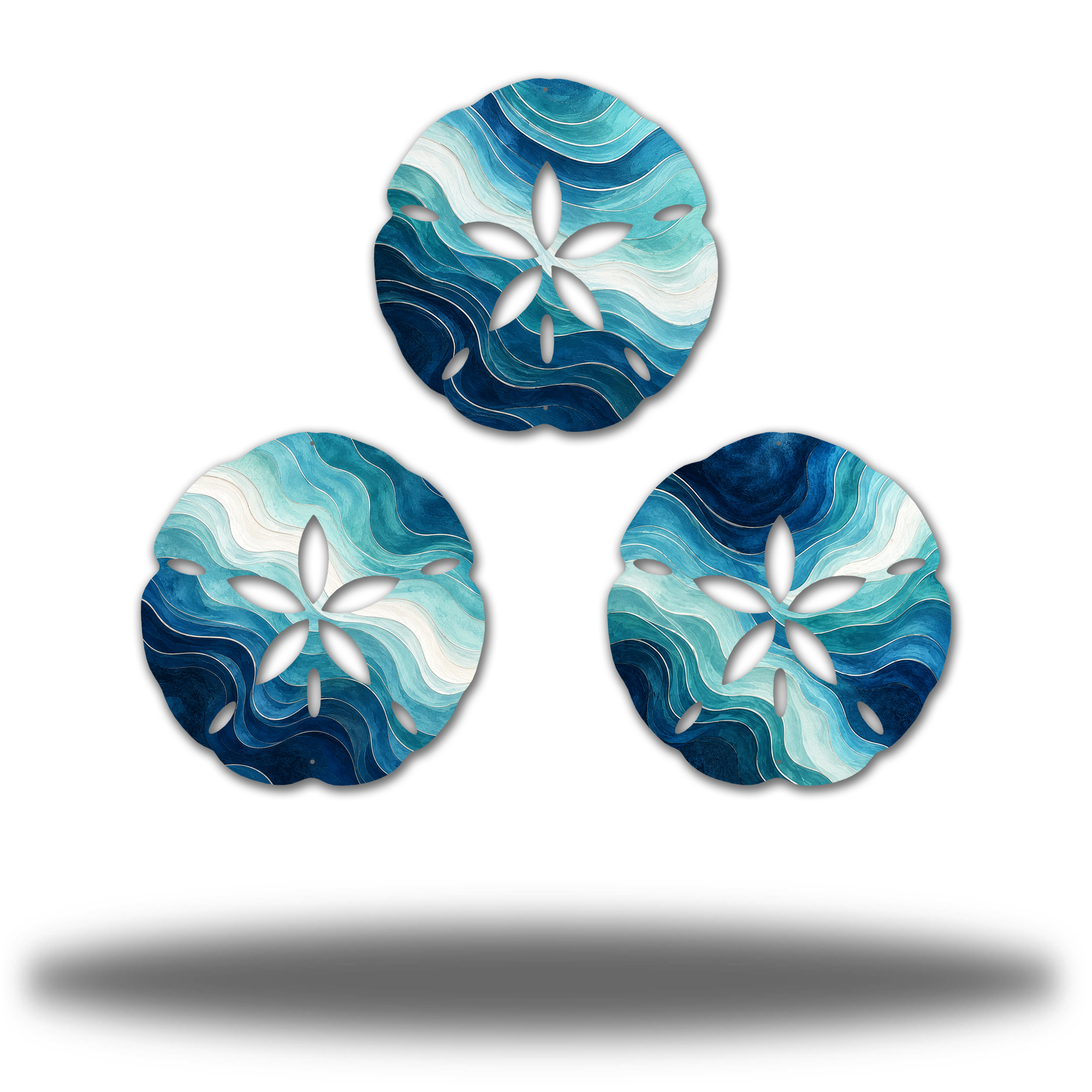Sand Dollar Bundle Tidal Waves Gloss finish, complete three-piece printed steel coastal wall art set. Three distinct navy, turquoise, aqua and white flowing layered wave patterns.