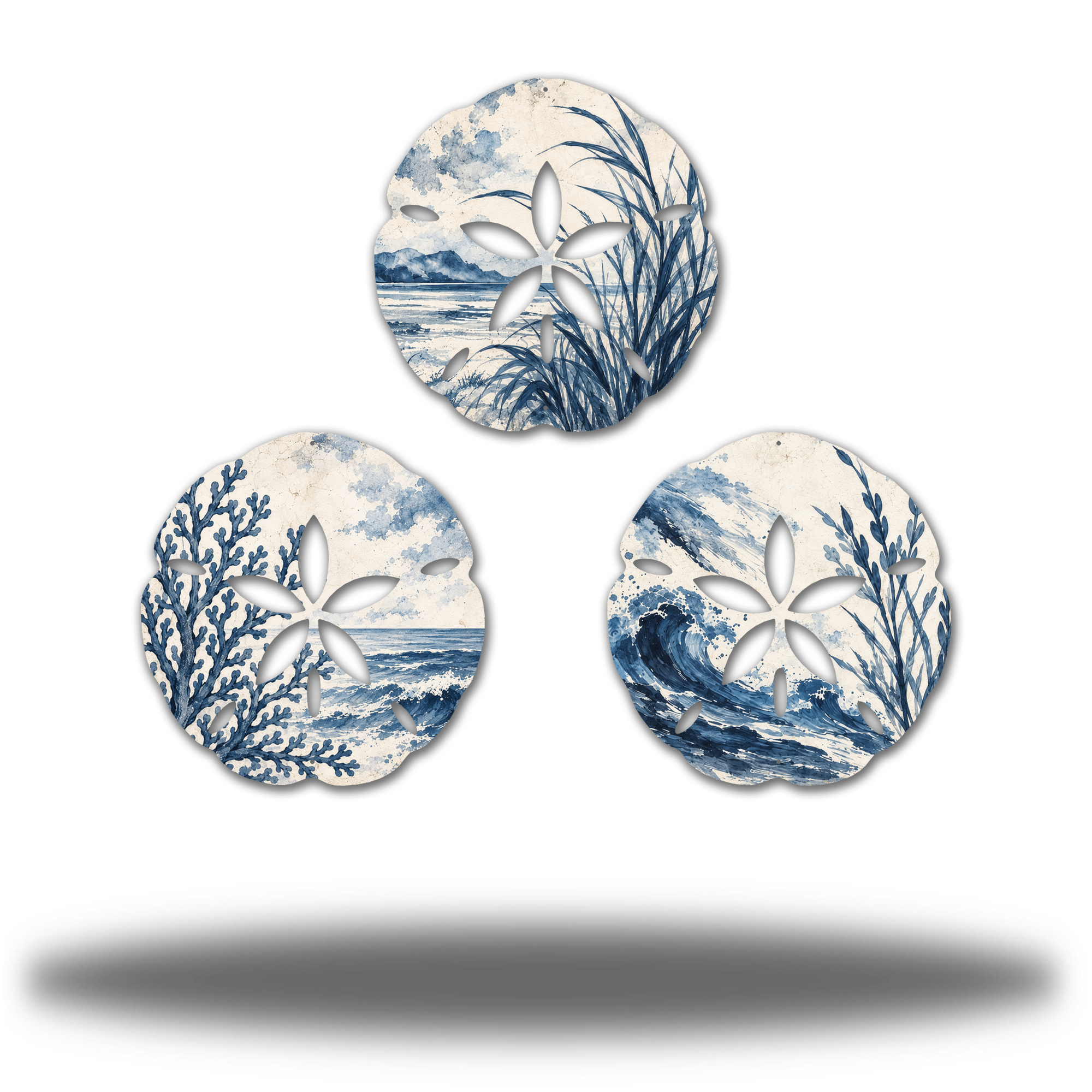 Sand Dollar Bundle Vintage Indigo Matte finish, complete three-piece printed steel coastal wall art set. Three distinct cream/indigo coastal scenes with sea grasses, coral branches and breaking waves.
