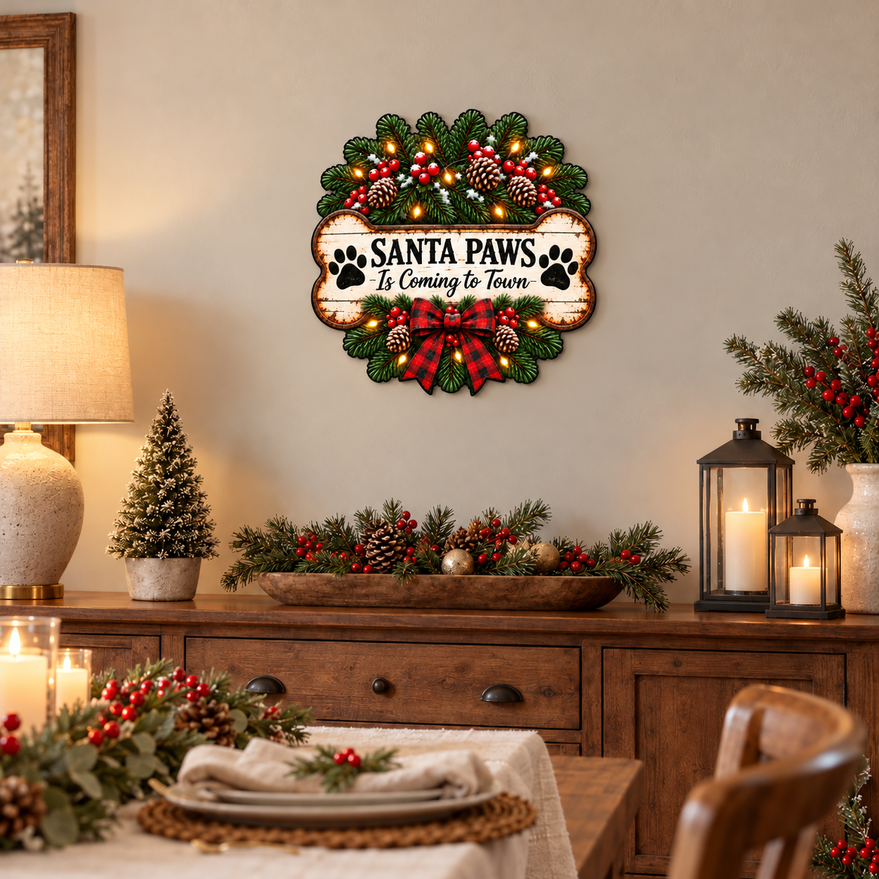 Santa Paws Option 1 Matte metal wall art, nominal 18-inch size, in a Christmas dining room lifestyle mockup