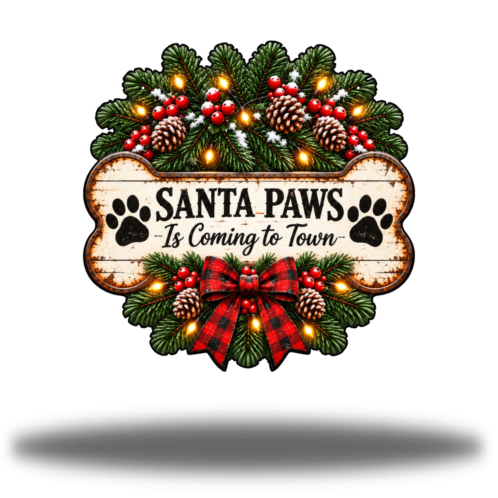 Santa Paws Matte printed steel wall art with bone-shaped sign, black paw prints, evergreen branches, pinecones and red plaid bow