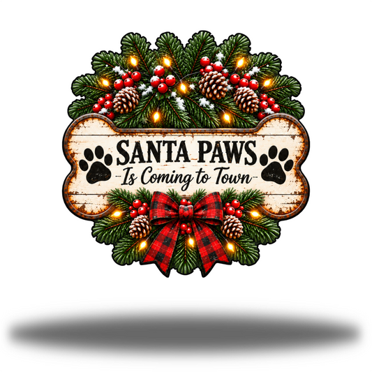 Santa Paws Matte printed steel wall art with bone-shaped sign, black paw prints, evergreen branches, pinecones and red plaid bow