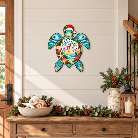 Santa Sea Turtle Option 1 Matte metal wall art, nominal 18-inch size, in a Christmas entryway lifestyle mockup