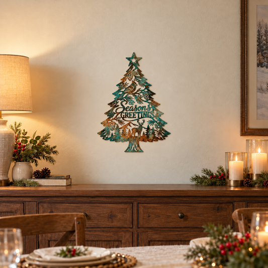 Season's Greetings Option 1 Matte metal wall art, nominal 18-inch size, in a Christmas dining room lifestyle mockup