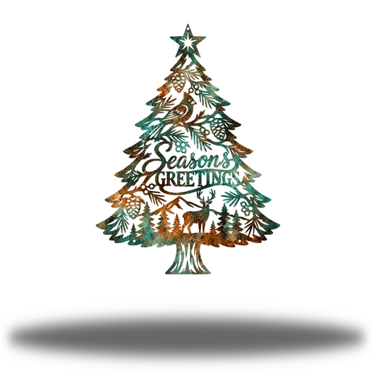 Season's Greetings Matte printed steel openwork Christmas tree with bird, deer, pinecones and printed turquoise-and-copper patina-look pattern