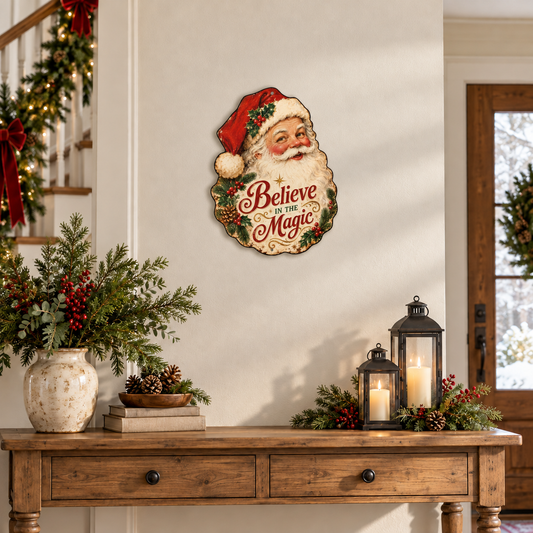 Vintage Santa Claus Option 1 Matte metal wall art, nominal 18-inch size, in a Christmas entryway lifestyle mockup
