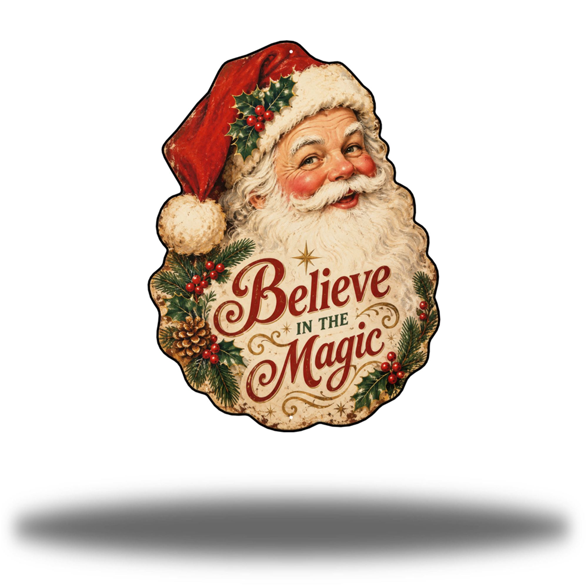 Vintage Santa Claus Matte printed steel wall art with smiling Santa, holly-trimmed red hat and Believe in the Magic lettering