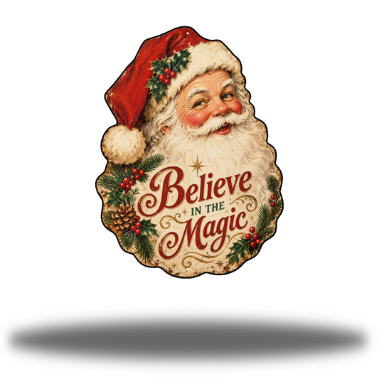 Vintage Santa Claus Matte printed steel wall art with smiling Santa, holly-trimmed red hat and Believe in the Magic lettering