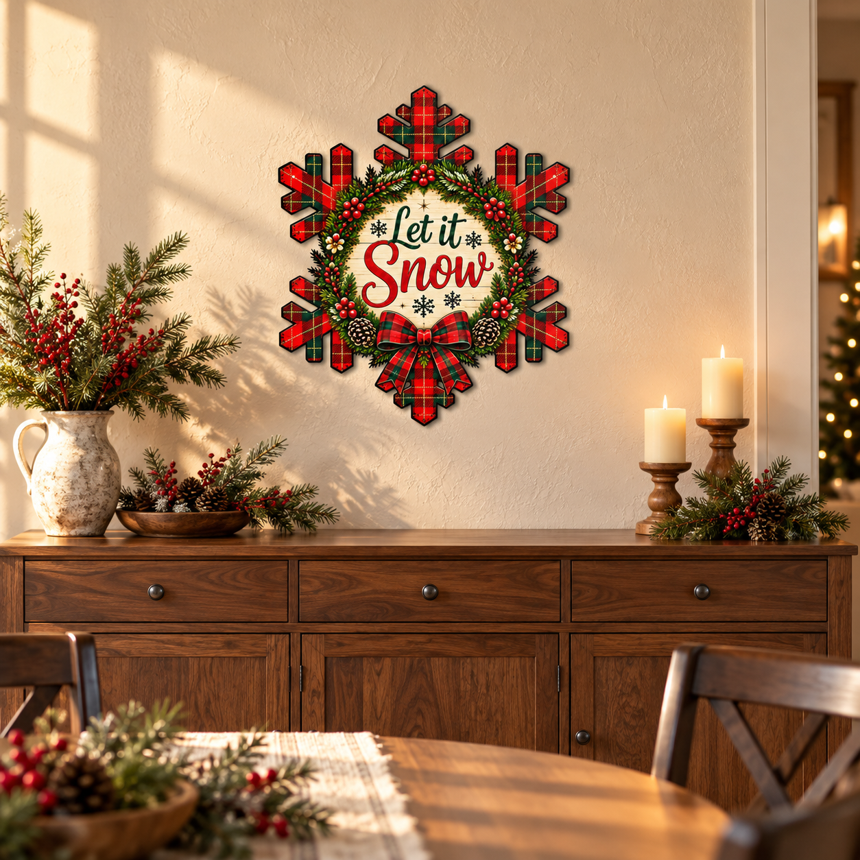Winterberry Snowflake Option 1 Matte metal wall art, nominal 18-inch size, in a Christmas dining room lifestyle mockup