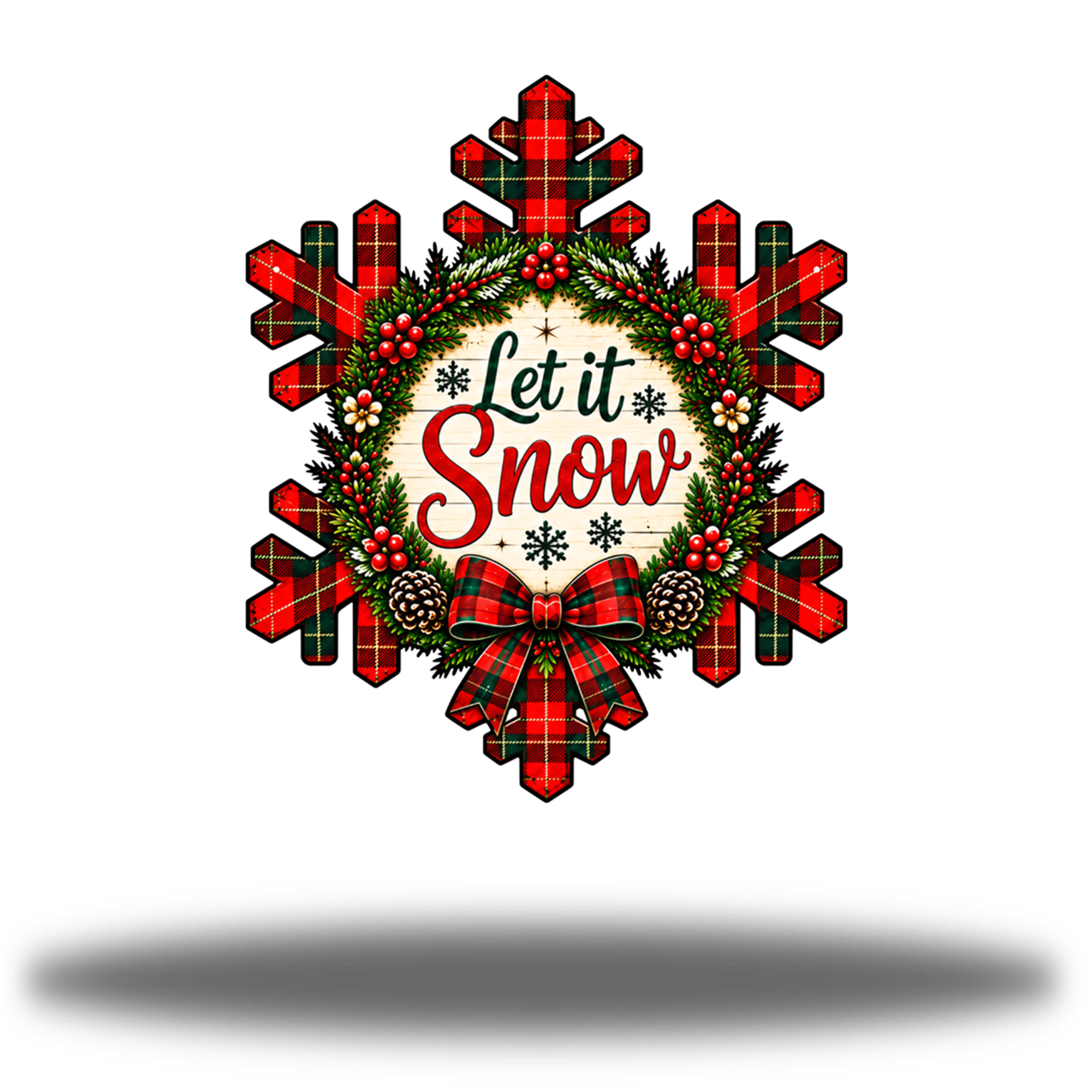 Winterberry Snowflake Matte printed steel wall art with red-and-green plaid snowflake, Let it Snow lettering, evergreen branches, berries and a ribbon bow