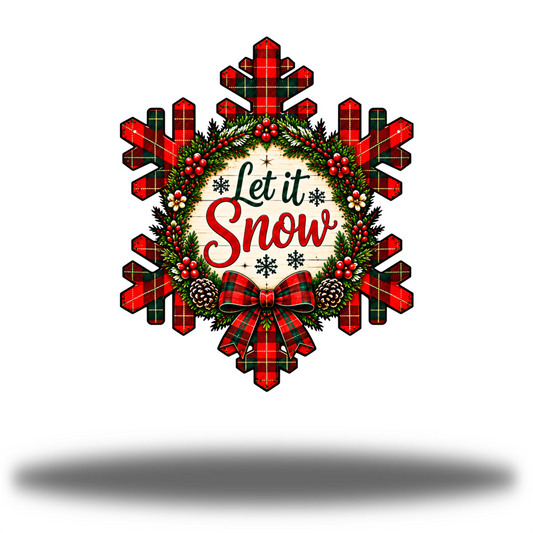 Winterberry Snowflake Matte printed steel wall art with red-and-green plaid snowflake, Let it Snow lettering, evergreen branches, berries and a ribbon bow