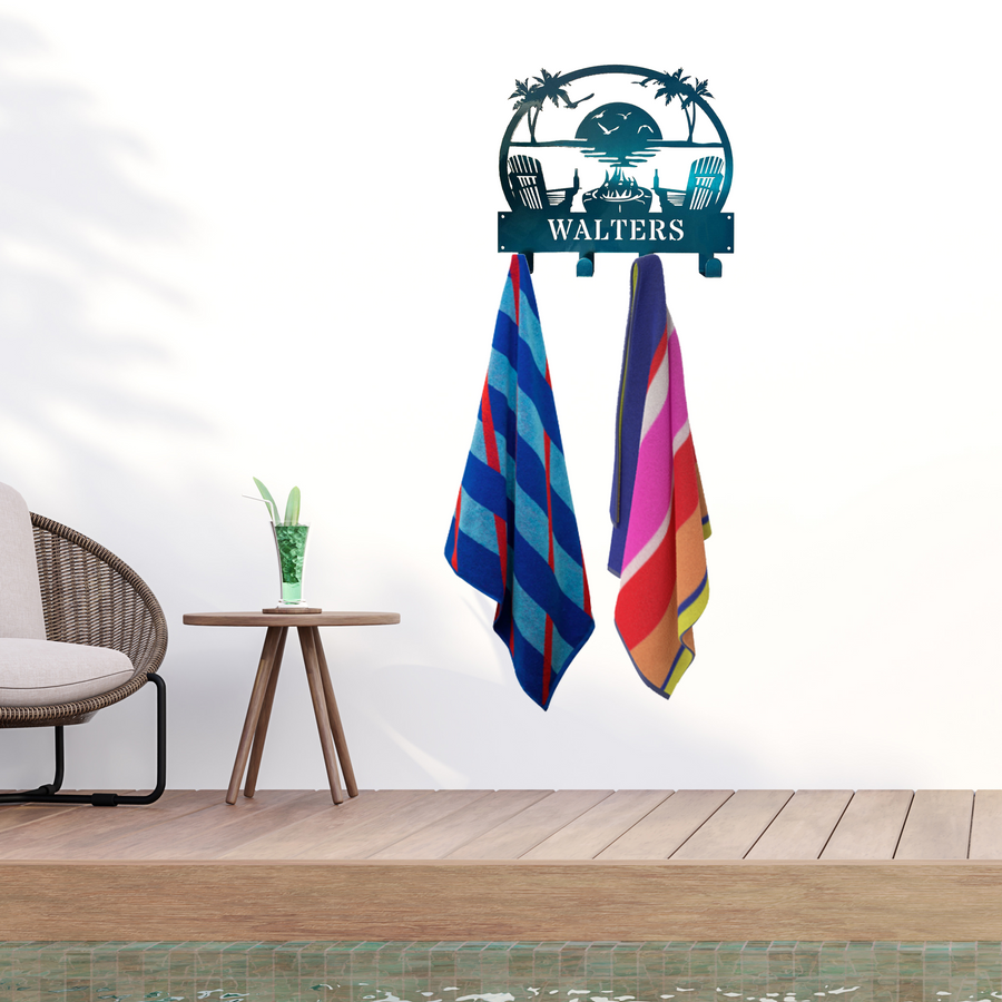 Riverside Designs-Coastal Beach Scene Monogram Towel Hanging Rack-Metal Wall Art Décor