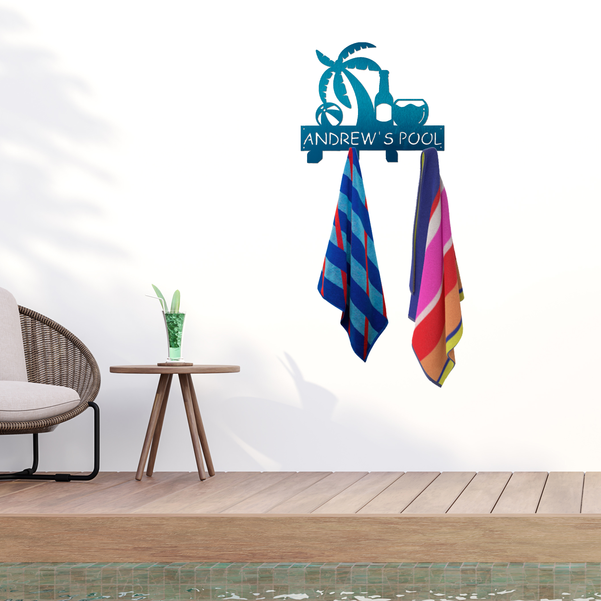 Riverside Designs-Pool Sign Monogram Towel Hanging Rack-Metal Wall Art Décor